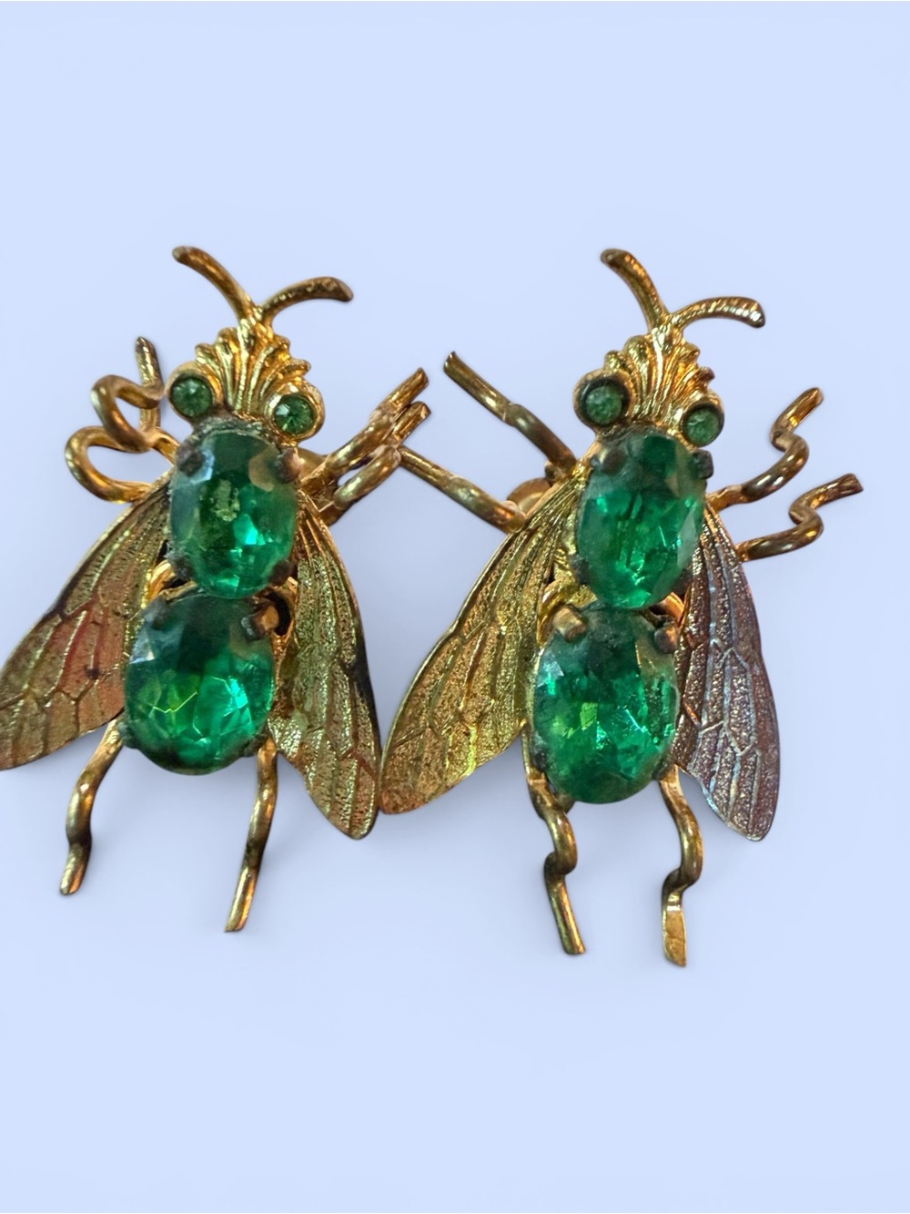 Vintage Czech Earrings Insect Fly Screw-back Emerald Green Glass Stones Brass